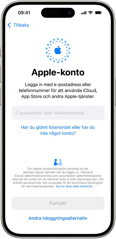 Skärmen för Apple‑kontoinloggning.