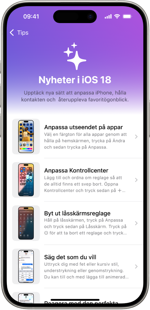 En skärm som visar en samling med tips med pilar som indikerar att du kan trycka på en samling för att visa tipsen i den.