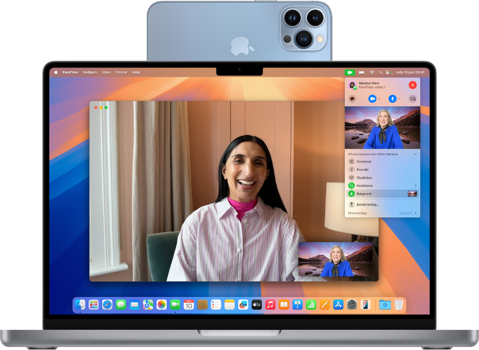 En MacBook Pro använder en iPhone som en webbkamera och visar ett FaceTime-samtal.