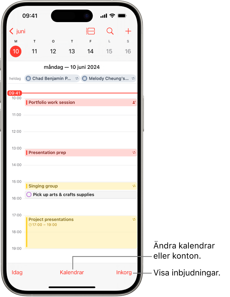 En kalender som visar vyn Dag och dagens aktiviteter. Knappen Kalendrar finns längst ned i mitten av skärmen och knappen Inkorg längst ned till höger.