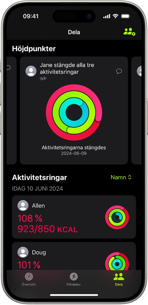 Delningsskärmen i Fitness med aktivitetsringar och aktivitetshöjdpunkter som en användare delar med sina vänner.