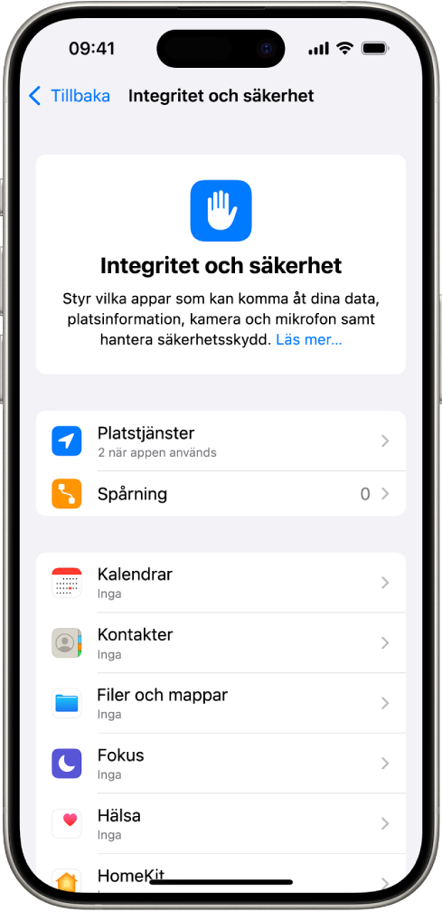 Skärmen Integritet och säkerhet med inställningar för Platstjänster och Spårning samt inställningar för att styra vilka appar som kan komma åt dina data.