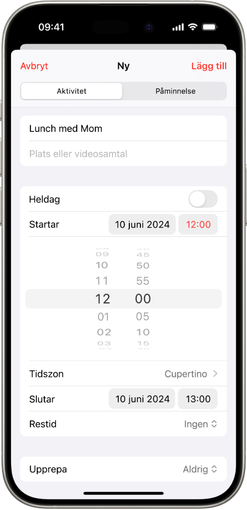En kalenderaktivitet med inställningar för aktivitetens tid och tidszon.