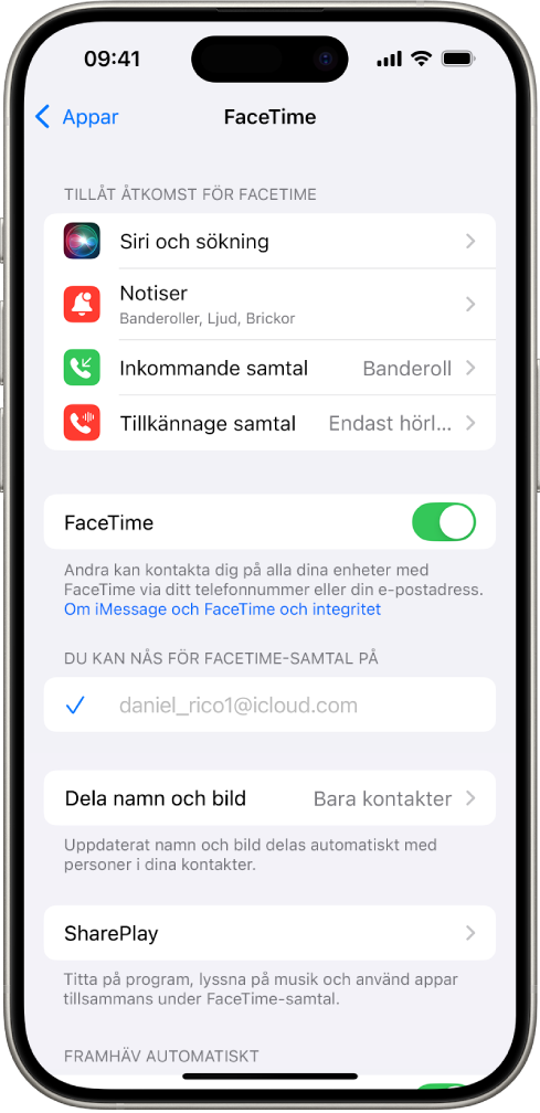 Skärmen med FaceTime-inställningar med reglaget för att slå på och stänga av FaceTime och fältet med ditt Apple-konto för FaceTime.