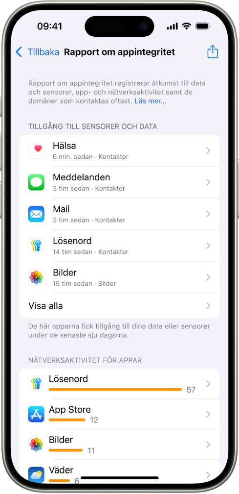 Rapport om appintegritet listar information om appar för kategorin Åtkomst till data och sensorer och information om appar för kategorin Nätverksaktivitet för appar.