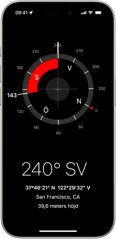 På kompasskärmen visas i vilket väderstreck iPhone pekar åt, den nuvarande platsen samt höjd över havet.