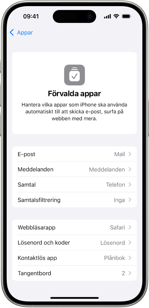 Skärmen för att ändra förvalda appar för att skicka e-post, surfa på webben med mera.