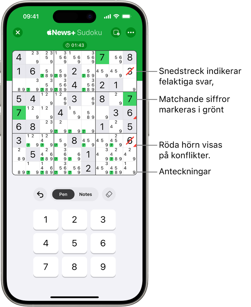 En sudoku med flera påslagna funktioner: Notes, Highlight Matching Numbers, Show Conflicts och Autocheck.