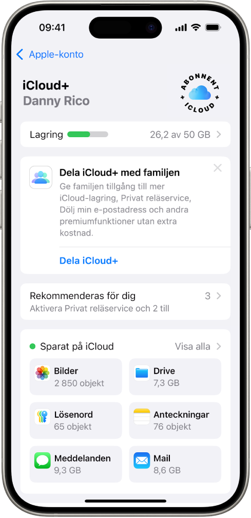 iCloud-inställningsskärmen med mätaren för lagringsutrymmet i iCloud och en lista med appar och funktioner som Bilder, iCloud Drive och Mail på iCloud som kan användas med iCloud.