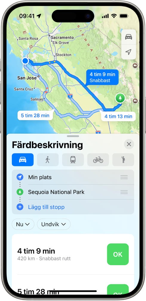 En iPhone visar en karta med flera olika bilruttalternativ till samma målplats. För varje rutt visas beräknad tid och avstånd samt en OK-knapp till att starta en stegvis färdbeskrivning. Färgkoder på vardera rutt visar trafikförhållanden.