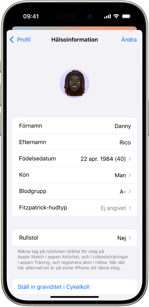 Skärmen för hälsoinformation med fält för namn, födelsedatum, blodgrupp och annan information.