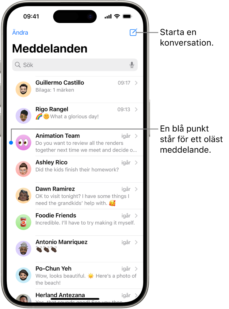 Konversationslistan i Meddelanden med knappen Skapa högst upp till höger. En blå punkt till vänster om ett meddelande visar att det är oläst.