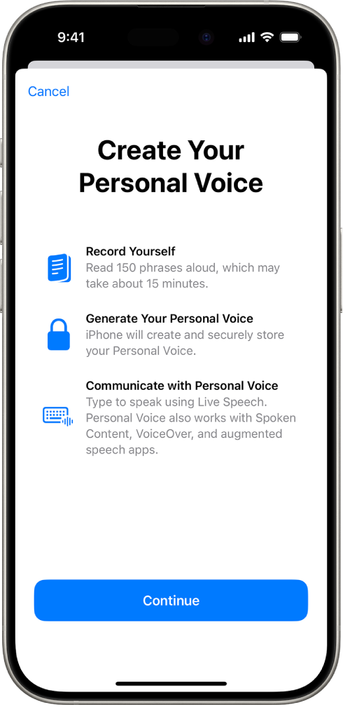 என் குரலை உருவாக்குவது பற்றிய தகவல்கள் உள்ள iPhone.