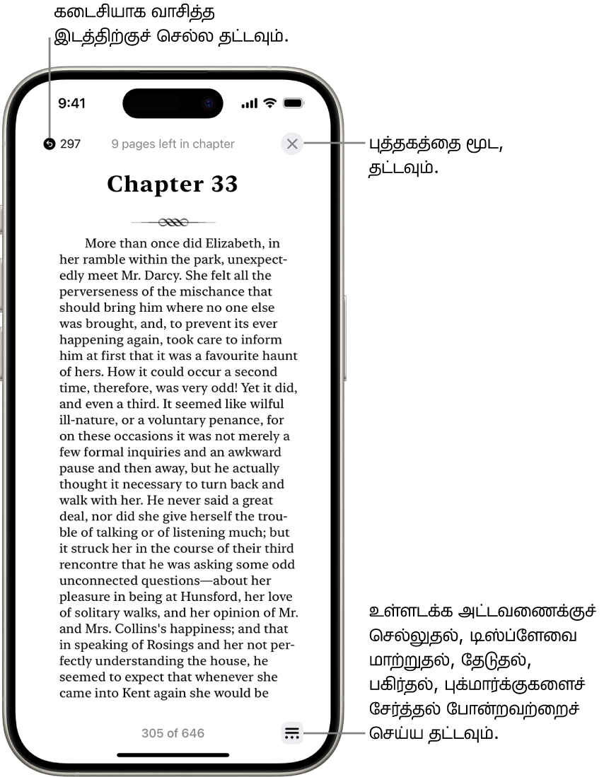 புத்தகங்கள் செயலியில் உள்ள புத்தகத்தின் ஒரு பக்கம். நீங்கள் படிக்கத் தொடங்கிய பக்கத்திற்கு மீண்டும் செல்லவதற்கும், புத்தகத்தை மூடுவதற்குமான பட்டன்கள் திரையின் மேல்பகுதியில் உள்ளன. திரையின் கீழ் வலதுபுறத்தில் மெனு பட்டன் உள்ளது.