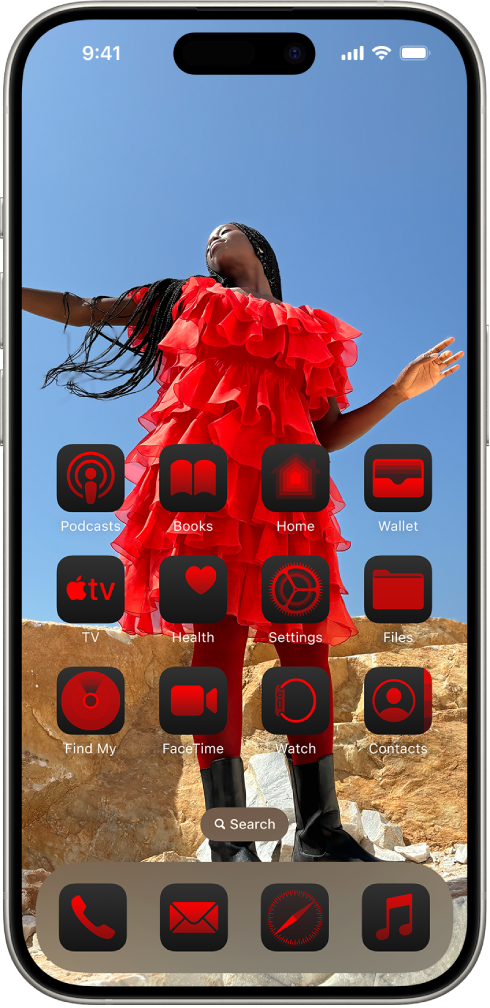 iPhone முகப்புத் திரை. செயலிகள் திரையின் அடிப்பகுதியில் ஒரே நிறத்தில் காட்டப்படும், வால்பேப்பர் புகைப்படத்தில் உள்ள வண்ணம் நிரப்பப்படும்.