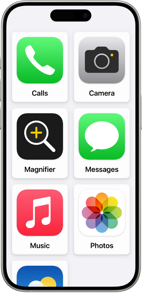 iPhone செயலிகளின் பெரிய கிரிட்டுடன் உதவிகரமான அணுகலுக்கான முகப்புத் திரையைக் காட்டுகிறது.