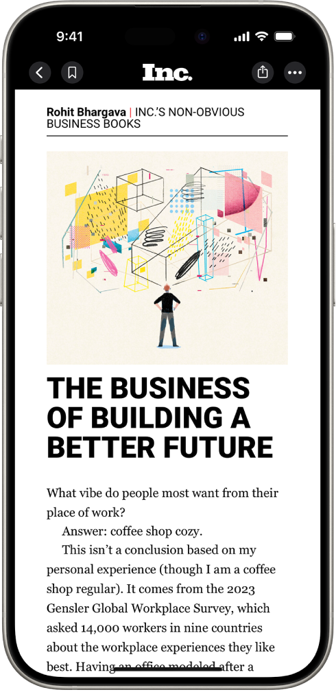 Apple Newsஇல் இருந்து ஒரு செய்திக் கட்டுரை. திரையின் மேல் இடது மூலையில் “பங்குகள்” செயலிக்குத் திரும்புவதற்கான பின்செல் பட்டனும் “புக்மார்க்” பட்டனும் உள்ளன. மேல் வலது மூலையில் “எழுத்தின் அளவு” மற்றும் “மேலும் செயல்கள்” பட்டன்கள் உள்ளன.