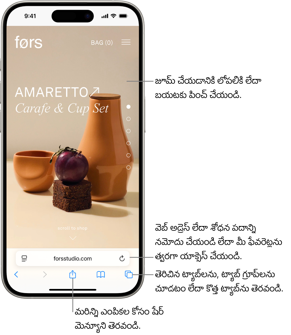 దిగువన అడ్రెస్ ఫీల్డ్తో Safariలో తెరవబడిన వెబ్సైట్. దిగువన ఎడమ నుండి కుడి వరకు ఉన్నవి వెనుకకు, ఫార్వర్డ్, షేర్, బుక్మార్క్లు, ట్యాబ్ల బటన్లు.
