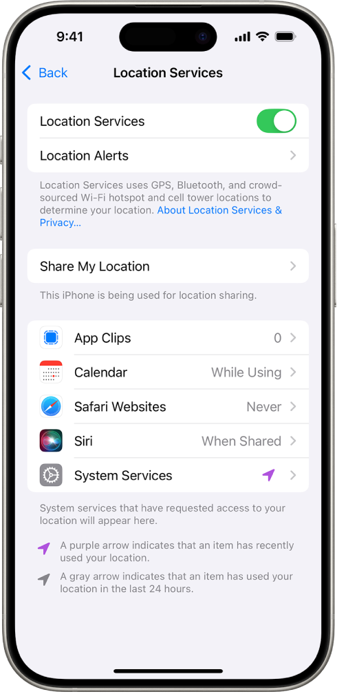యాప్‌లతో ఉన్న మీ iPhone లొకేషన్‌ను షేర్ చేయడానికి సెట్టింగ్స్‌తో ఉన్న లొకేషన్ సర్వీస్‌ల స్క్రీన్.