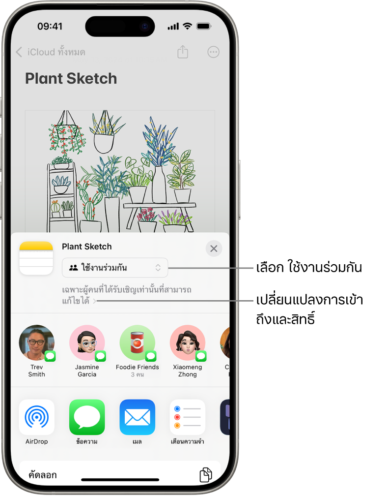 คำเชิญการใช้งานการวาดในโน้ตร่วมกันที่แสดงใช้งานร่วมกันเป็นตัวเลือกการแชร์ และ “เฉพาะผู้คนที่คุณเชิญเท่านั้นที่สามารถแก้ไขได้” เป็นการตั้งค่าการเข้าถึงและการอนุญาต ผู้รับที่เป็นไปได้สี่คน รวมถึงหนึ่งกลุ่มที่จัดเป็นแถวอยู่ที่ด้านล่าง แถวด้านล่างสุดมีวิธีอื่นสำหรับการแชร์โน้ต: AirDrop, ข้อความ, เมล และ Freeform