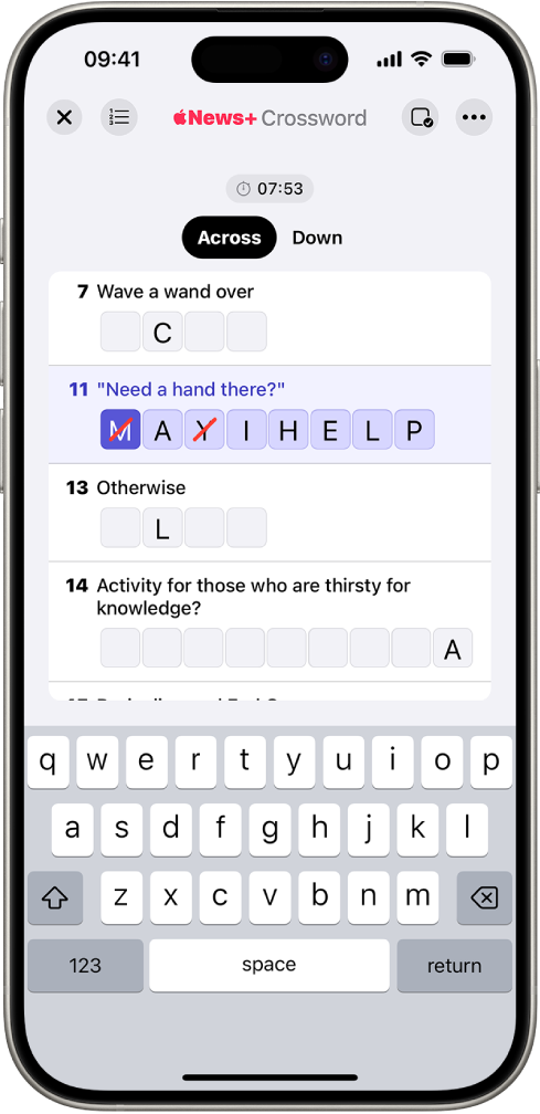 เกมปริศนา Crossword ที่ถูกเติมคำแล้วบางส่วนในมุมมองรายการ และมีแป้นพิมพ์เปิดอยู่ที่ด้านล่างสุด