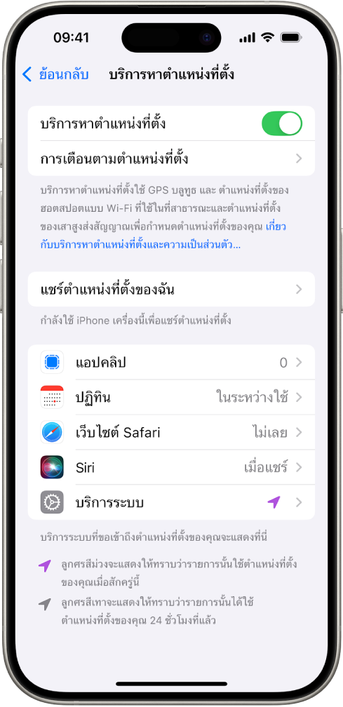 หน้าจอบริการหาตำแหน่งที่ตั้ง ซึ่งมีการตั้งค่าสำหรับการแชร์ตำแหน่งที่ตั้งของ iPhone ของคุณกับแอป