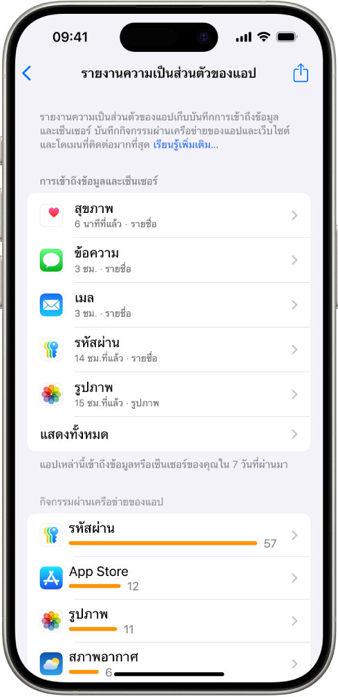 รายงานความเป็นส่วนตัวของแอปที่แสดงข้อมูลเกี่ยวกับแอปสำหรับหมวดหมู่การเข้าถึงข้อมูลและเซ็นเซอร์ และข้อมูลเกี่ยวกับแอปสำหรับหมวดหมู่กิจกรรมเครือข่ายของแอป