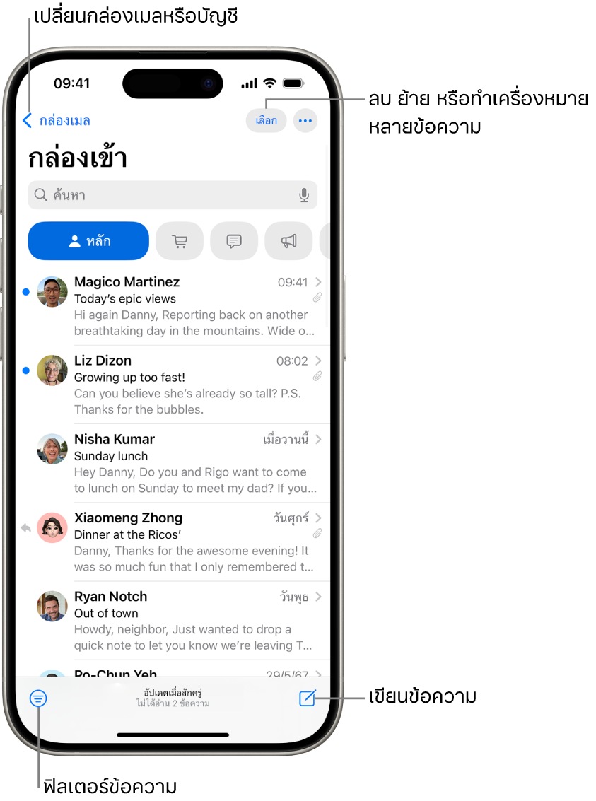 กล่องเข้าในเมลที่แสดงรายการอีเมล