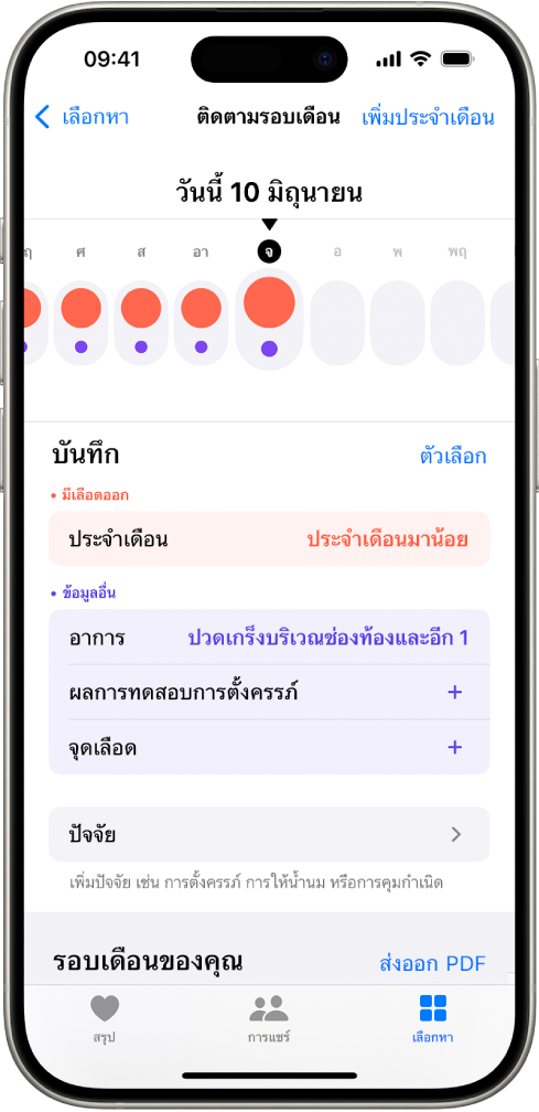 หน้าจอการติดตามรอบเดือนที่แสดงไทม์ไลน์สำหรับสัปดาห์ที่ด้านบนสุดของหน้าจอ วงกลมสีแดงเข้มและจุดสีม่วงทำเครื่องหมาย 5 วันแรกบนไทม์ไลน์ ด้านล่างไทม์ไลน์คือตัวเลือกต่างๆ สำหรับเพิ่มข้อมูลเกี่ยวกับประจำเดือน อาการ และอื่นๆ