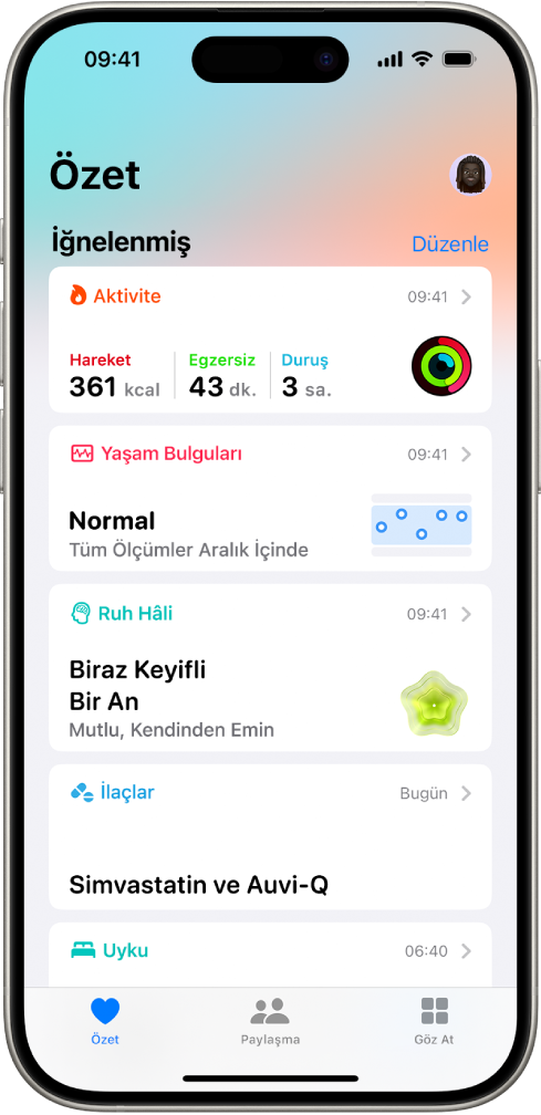 Sağlık’taki Özet ekranı. Aktivite, yaşam bulguları, ruh hâli ve ilaçlar hakkındaki bilgiler İğnelenenler’in altında görünüyor.