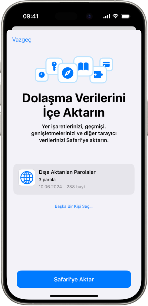Dolaşma Verilerini İçe Aktarın ekranında içe aktarılacak, başka bir parola yöneticisine ait parolaların CSV dosyası gösteriliyor.