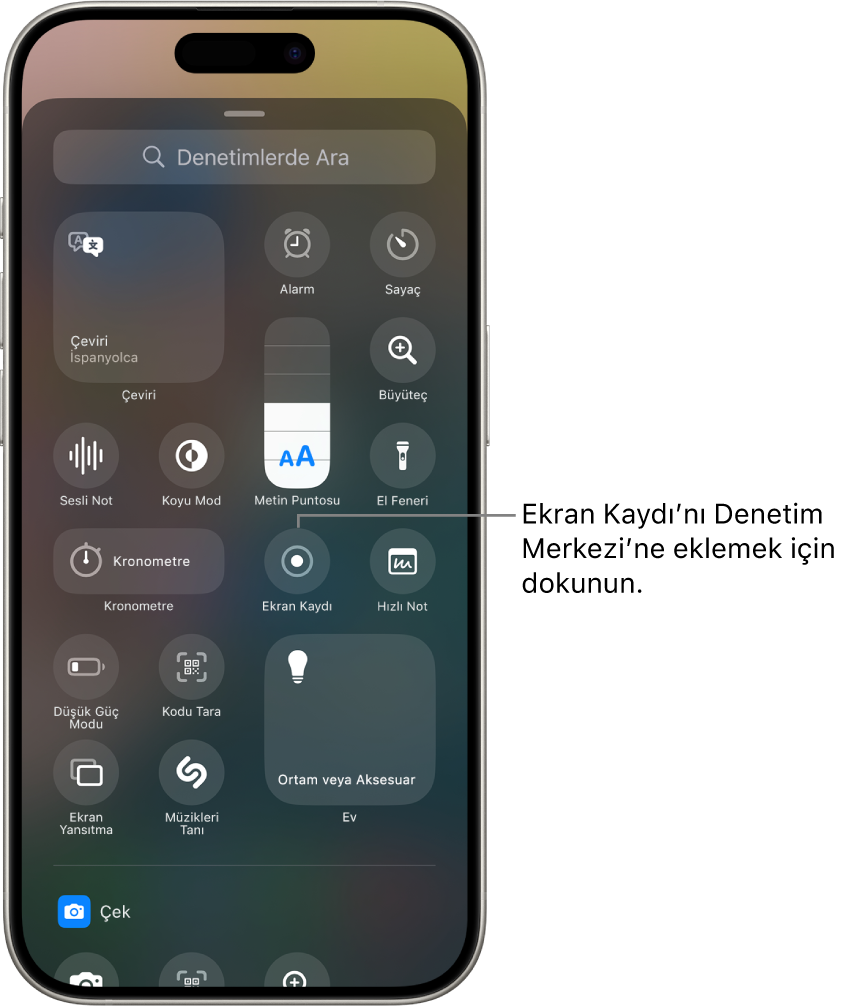 Denetim galerisi; Ekran Kaydı düğmesi ekranın ortasında.