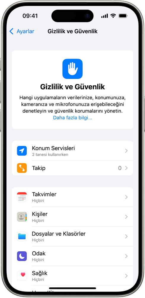 Konum Servisleri ve Takip Etme ayarları ve hangi uygulamaların verilerinize erişimi olacağını denetleme ayarları ile Gizlilik ve Güvenlik ekranı.