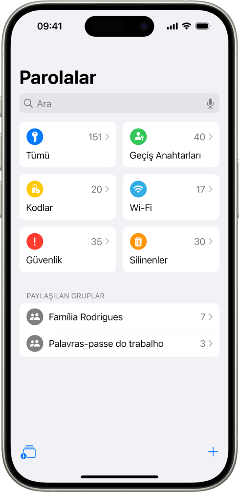 Tümü, Geçiş Anahtarları, Doğrulama Kodları, Wi-Fi, Güvenlik ve Silinenler düğmeleri ve Paylaşılan Gruplar listesi ile birlikte Parolalar uygulamasının Ana Ekran’ı.