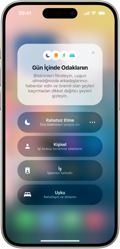 Odak seçeneklerinin süresini ayarlama düğmeleriyle Odak seçeneklerini gösteren Denetim Merkezi.