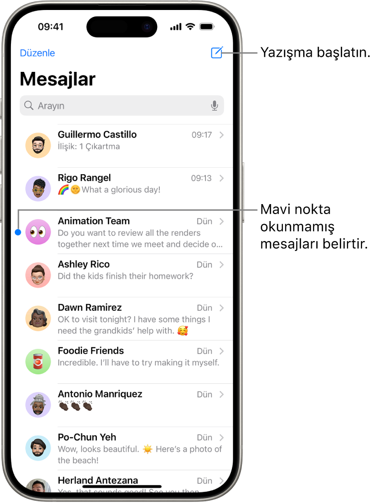Sağ üstte Oluştur düğmesiyle Mesajlar yazışma listesi. Mesajın solundaki bir mavi nokta mesajın okunmadığını belirtir.