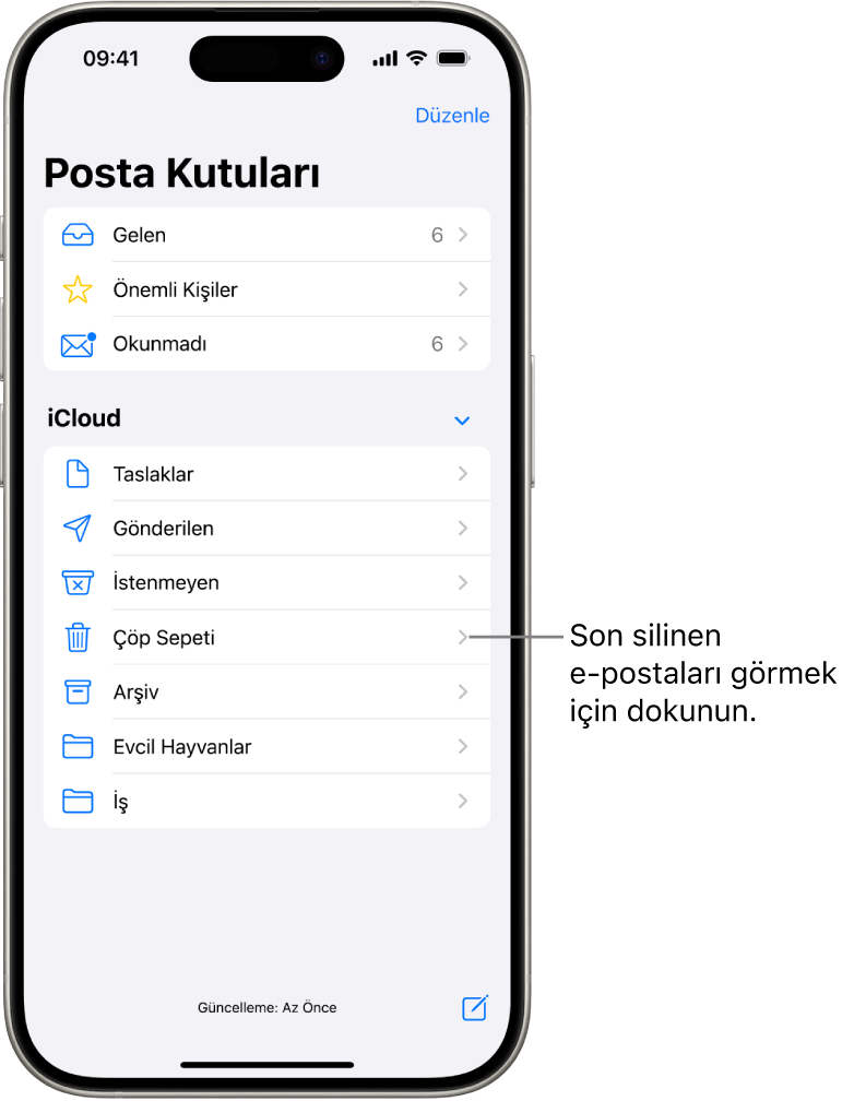 Posta Kutuları ekranı. iCloud’un altında, Çöp Sepeti posta kutusu da dahil olmak üzere posta kutuları üstten alta doğru listelenir. Son silinen iletileri görmek için dokunun.