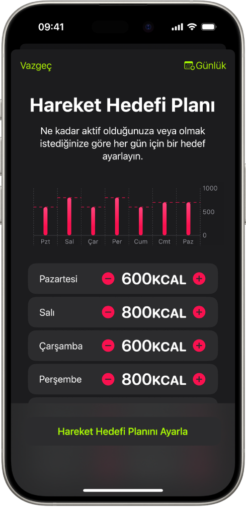 Hareket hedefini haftanın gününe göre artırma veya azaltma düğmelerini gösteren Fitness Hareket Hedefi Planı ekranı.