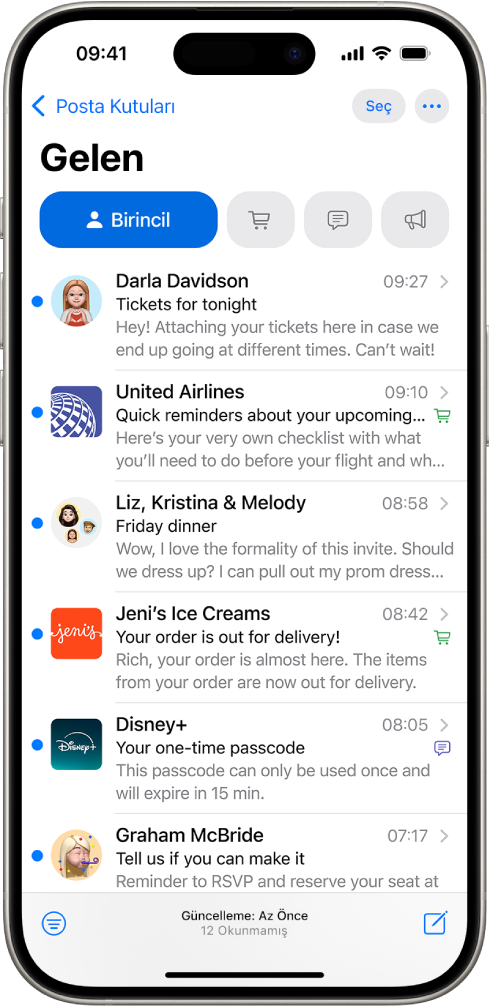 Birincil iletilerin bir listesini gösteren Mail Gelen Kutusu.