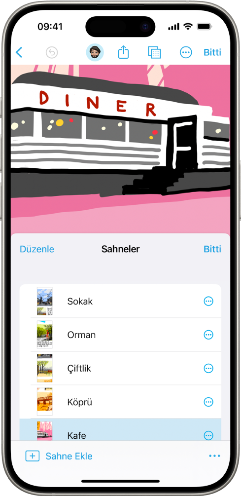 Sağ alt köşede Sahne Gezgini ile Freeform’da bir sahne.