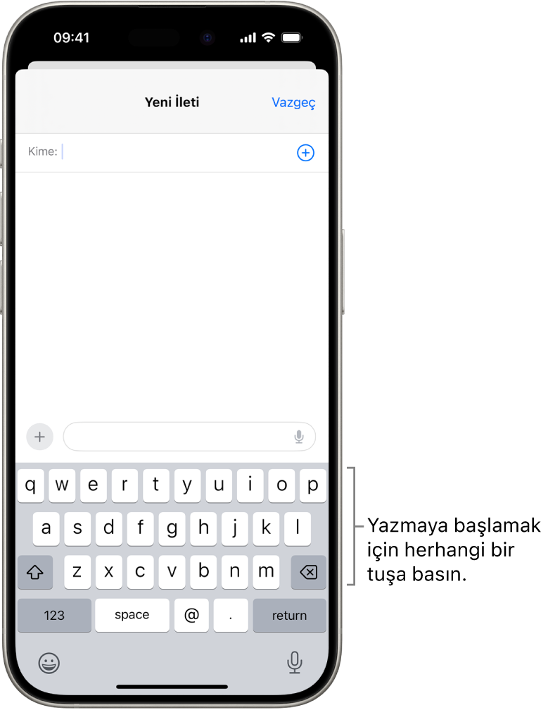 Mail uygulamasında boş bir e-posta açık. Ekran klavyesi ekranın alt yarısında.