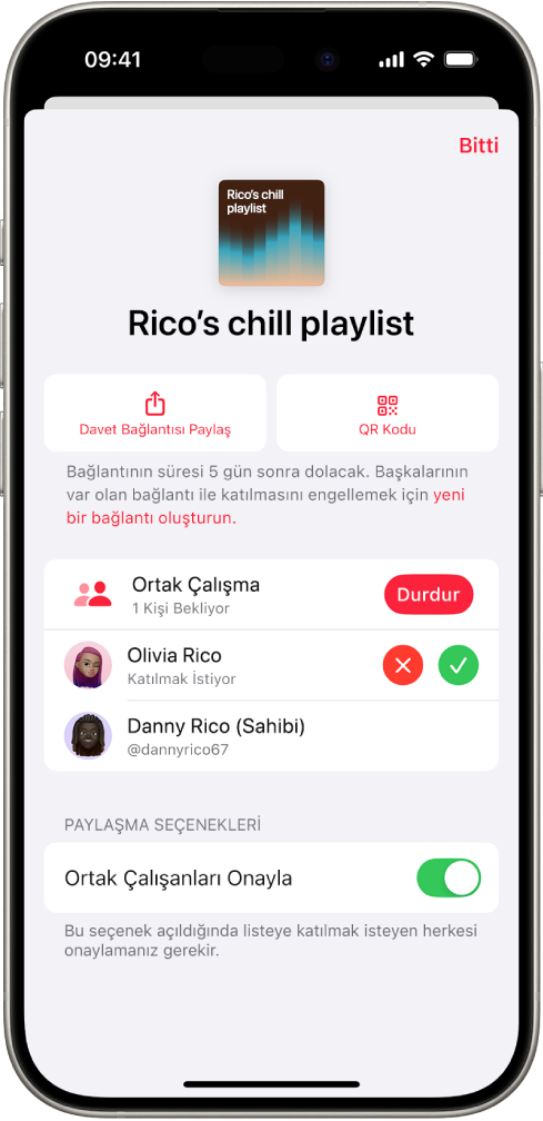 Müzik uygulamasında Ortak Çalışmayı Yönet ekranı.