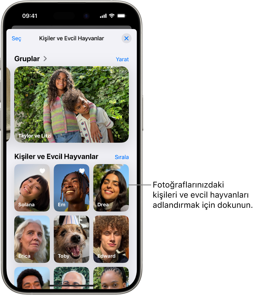Fotoğraflar uygulamasında Kişi ve Evcil Hayvan koleksiyonu. En üstte Gruplar görünüyor; altta da kişiler ve evcil hayvanlar listeleniyor.