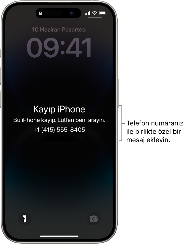 Kayıp iPhone mesajı ile kilitli iPhone ekranı. Telefon numaranız ile birlikte özel bir mesaj ekleyebilirsiniz.