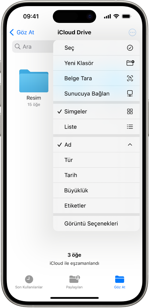 Daha Fazla düğmesi seçili Dosyalar uygulaması. Görünen menüde Seç, Yeni Klasör, Belgeleri Tara ve Sunucuya Bağlan seçenekleri var. Bunun altında ekrandaki öğeleri Simge veya Liste olarak görüntüleme seçenekleri var. En altta ise Ad, Tür, Tarih, Büyüklük ve Etiketler için sıralama seçenekleri ile bunları takip eden Görüntü Seçenekleri var.