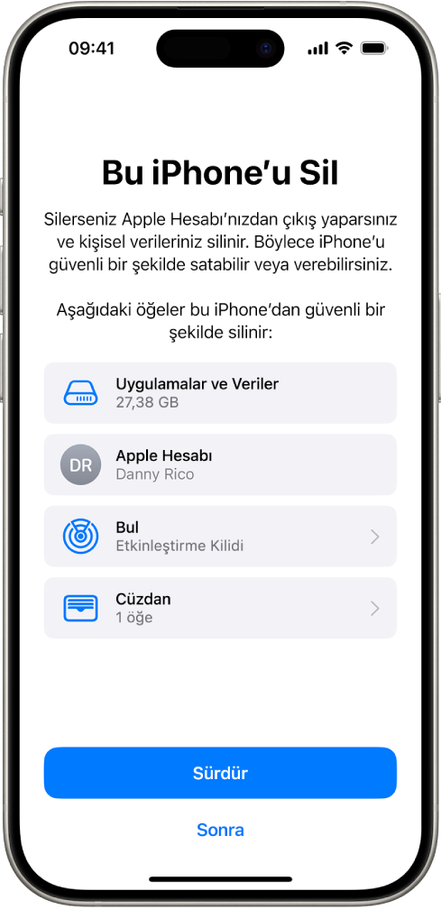 Bu iPhone’u Sil ekranı.