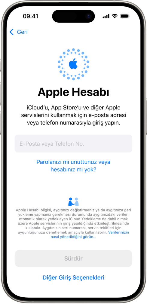 Apple Hesabı’na giriş yapma ekranı.