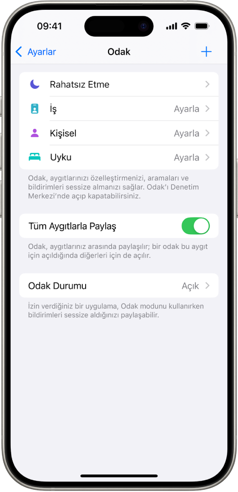 Sağlanan beş Odak seçeneğini (Rahatsız Etme, Arama sırasında mesaj yok, Uyku, Kişisel ve İş) gösteren bir ekran. Tüm Apple aygıtlarınızda aynı Odak ayarlarının kullanılmasını sağlayan Tüm Aygıtlarla Paylaş seçeneği açık.