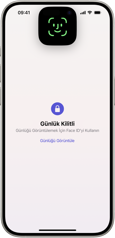 Günlüğünüzün kilidinin açılması için Face ID kullanmanızı isteyen bir ekran.