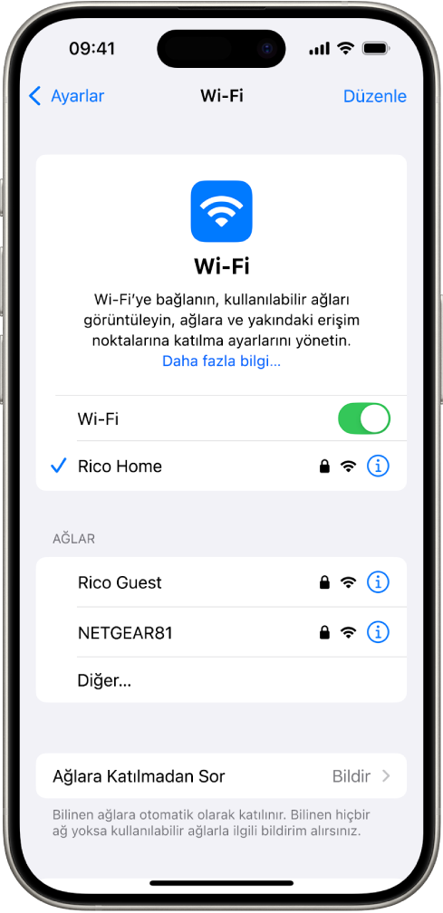Ayarlar’daki Wi-Fi seçenekleri ekranı. Wi-Fi açık ve bir ağ seçili.